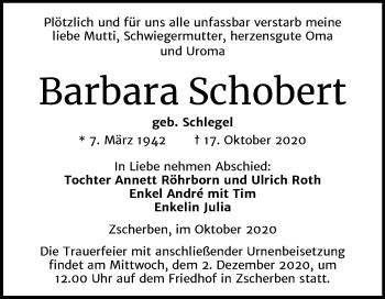 Traueranzeige von Barbara Schobert von Mitteldeutsche Zeitung Halle/Saalkreis