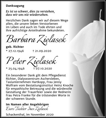 Traueranzeige von Barbara und Peter Zielasek von Mitteldeutsche Zeitung Aschersleben