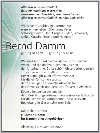 Traueranzeige von Bernd Damm von Super Sonntag Bernburg