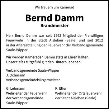 Traueranzeige von Bernd Damm von Super Sonntag Bernburg