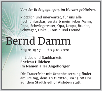 Traueranzeige von Bernd Damm von Mitteldeutsche Zeitung Bernburg