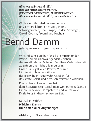 Traueranzeige von Bernd Damm von Mitteldeutsche Zeitung Bernburg
