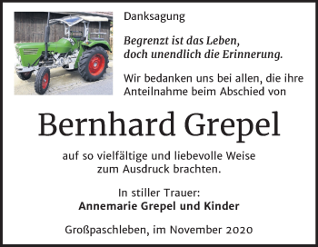 Traueranzeige von Bernhard Grepel von Super Sonntag Köthen
