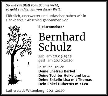 Traueranzeige von Bernhard Schulz von Super Sonntag Wittenberg