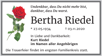 Traueranzeige von Bertha Riedel von Mitteldeutsche Zeitung Halle/Saalkreis