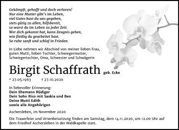 Traueranzeige von Birgit Schaffrath von Super Sonntag Aschersleben