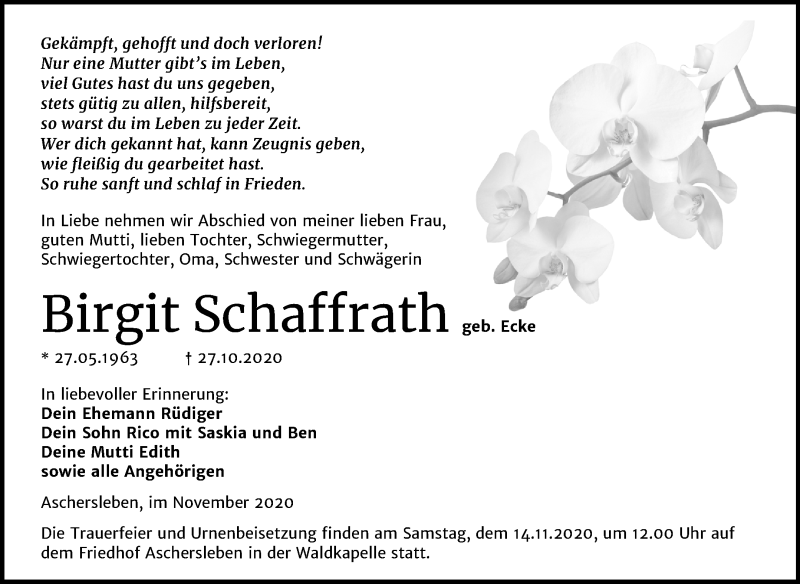  Traueranzeige für Birgit Schaffrath vom 04.11.2020 aus Mitteldeutsche Zeitung Aschersleben