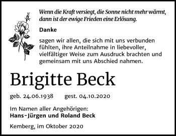 Traueranzeige von Brigitte Beck von Mitteldeutsche Zeitung Wittenberg
