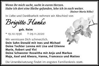Traueranzeige von Brigitte Hanke von Mitteldeutsche Zeitung Merseburg/Querfurt