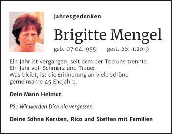 Traueranzeige von Brigitte Mengel von Super Sonntag Zeitz