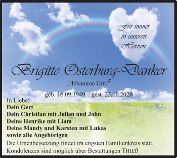 Traueranzeige von Brigitte Osterburg-Danker von Super Sonntag Quedlinburg