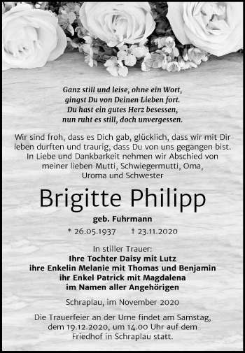 Traueranzeige von Brigitte Philipp von Mitteldeutsche Zeitung Merseburg/Querfurt