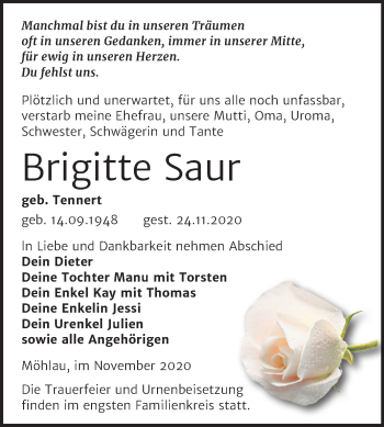 Traueranzeige von Brigitte Saur von Mitteldeutsche Zeitung Wittenberg