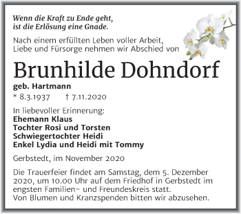 Traueranzeige von Brunhilde Dohndorf von Wochenspiegel Mansfelder Land