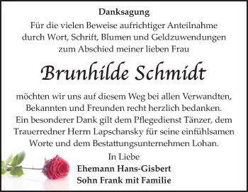 Traueranzeige von Brunhilde Schmidt von Wochenspiegel Bitterfeld