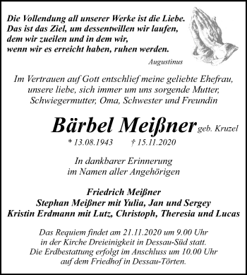 Traueranzeige von Bärbel Meißner von Mitteldeutsche Zeitung Dessau-Roßlau