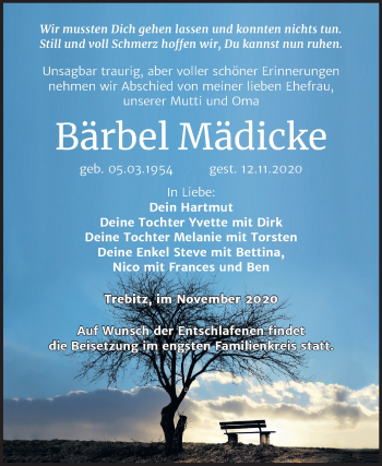 Traueranzeige von Bärbel Mädicke von Super Sonntag Wittenberg