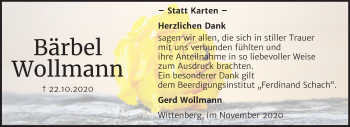 Traueranzeige von Bärbel Wollmann von Mitteldeutsche Zeitung Wittenberg