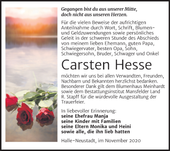 Traueranzeige von Carsten Hesse von Mitteldeutsche Zeitung Mansfelder Land