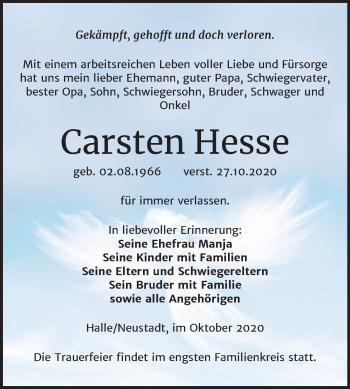Traueranzeige von Carsten Hesse von Super Sonntag Mansfelder Land