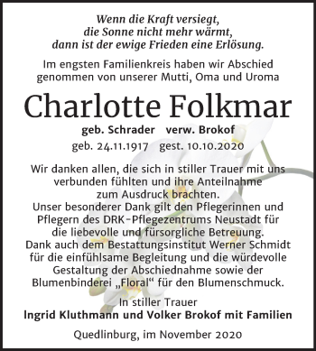 Traueranzeige von Charlotte Folkmar von Super Sonntag Quedlinburg