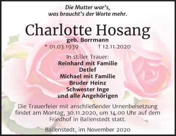 Traueranzeige von Charlotte Hosang von Super Sonntag Quedlinburg