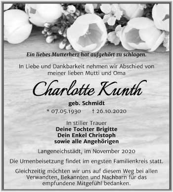 Traueranzeige von Charlotte Kunth von Mitteldeutsche Zeitung Merseburg/Querfurt