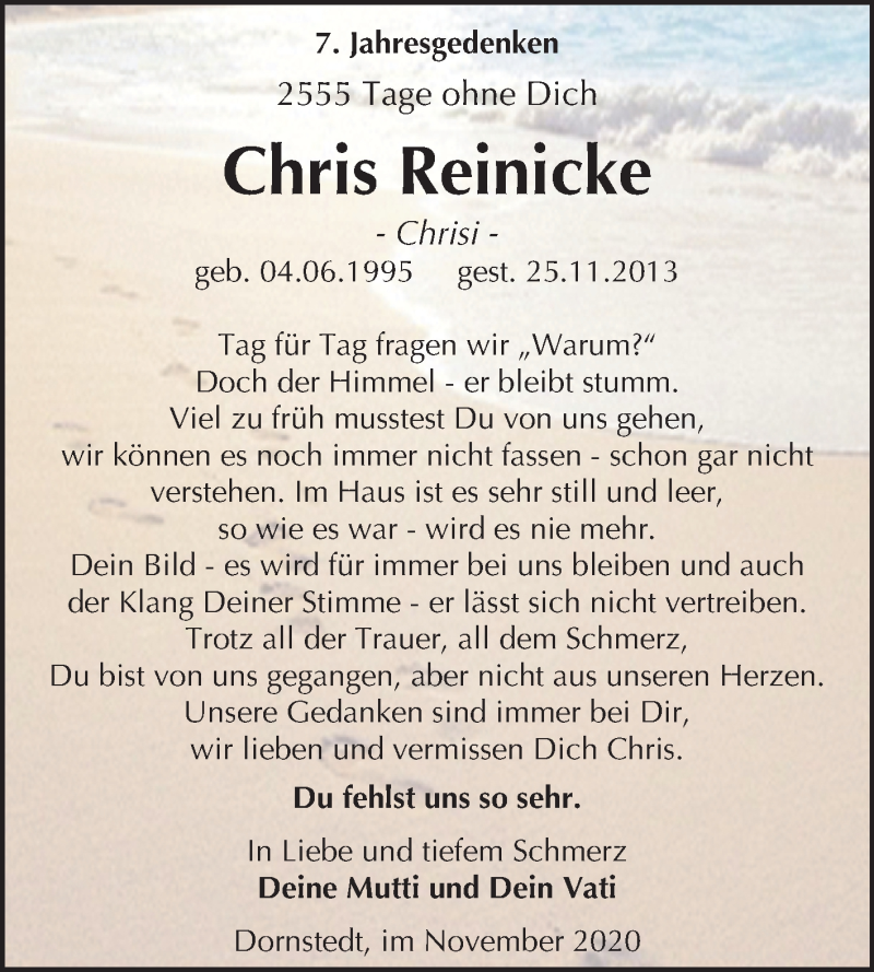  Traueranzeige für Chris Reinicke vom 25.11.2020 aus Mitteldeutsche Zeitung Halle/Saalkreis