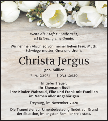 Traueranzeige von Christa Jergus von Mitteldeutsche Zeitung Naumburg/Nebra
