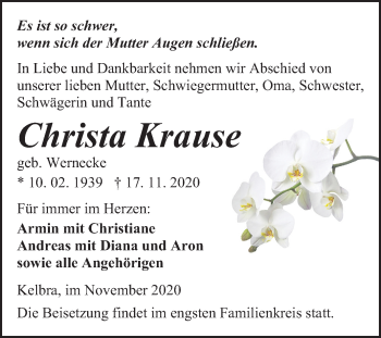 Traueranzeige von Christa Krause von Super Sonntag Sangerhausen