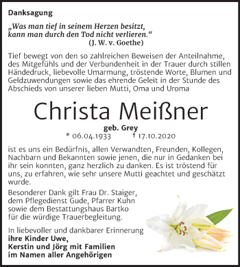 Traueranzeige von Christa Meißner von Super Sonntag Köthen