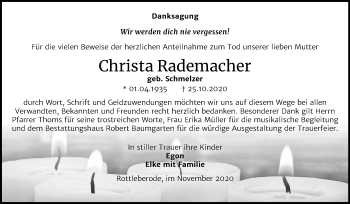 Traueranzeige von Christa Rademacher von Mitteldeutsche Zeitung Sangerhausen