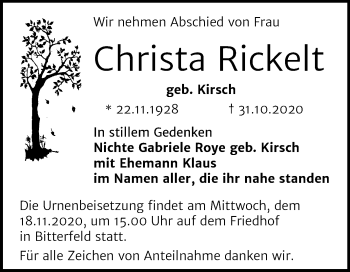 Traueranzeige von Christa Rickelt von Mitteldeutsche Zeitung Bitterfeld