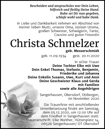 Traueranzeige von Christa Schmelzer von Super Sonntag Sangerhausen