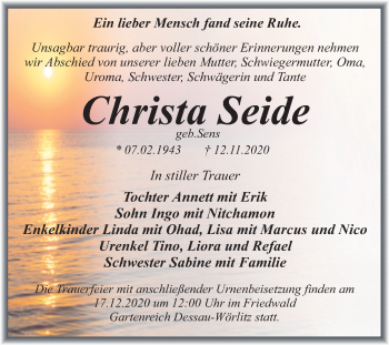 Traueranzeige von Christa Seide von Mitteldeutsche Zeitung Wittenberg
