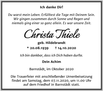 Traueranzeige von Christa Thiele von Mitteldeutsche Zeitung Merseburg/Querfurt