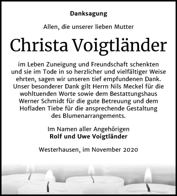 Traueranzeige von Christa Voigtländer von Mitteldeutsche Zeitung Quedlinburg