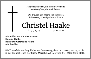 Traueranzeige von Christel Haake von Mitteldeutsche Zeitung Bernburg / Mansfelder Land