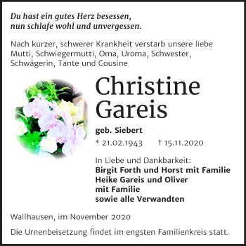 Traueranzeige von Christine Gareis von Super Sonntag Sangerhausen