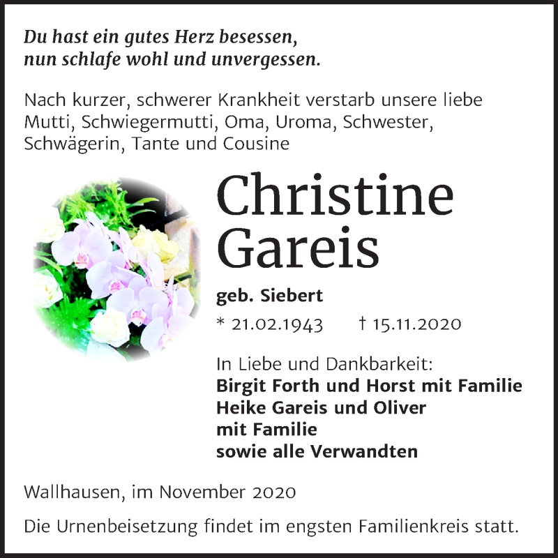  Traueranzeige für Christine Gareis vom 20.11.2020 aus Mitteldeutsche Zeitung Sangerhausen