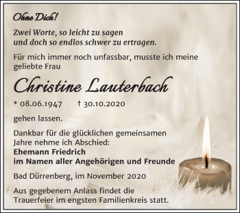 Traueranzeige von Christine Lauterbach von Super Sonntag Merseburg/Querfurt