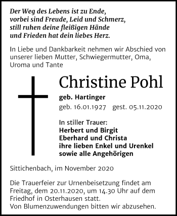 Traueranzeige von Christine Pohl von Super Sonntag Mansfelder Land