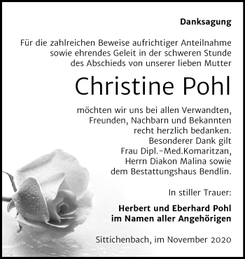 Traueranzeige von Christine Pohl von Mitteldeutsche Zeitung Mansfelder Land