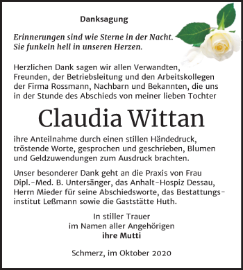 Traueranzeige von Claudia Wittan von Wochenspiegel Bitterfeld