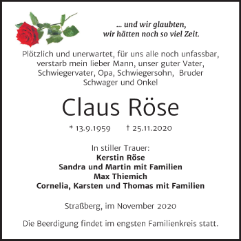 Traueranzeige von Claus Röse von Mitteldeutsche Zeitung Quedlinburg