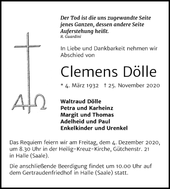 Traueranzeige von Clemens Dölle von Mitteldeutsche Zeitung Halle/Saalkreis