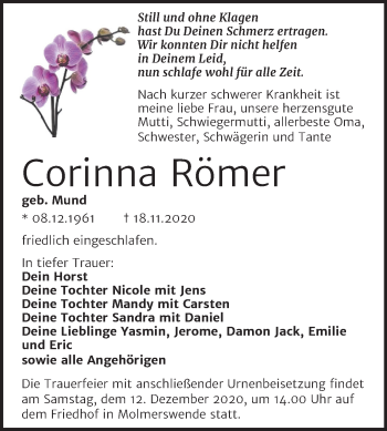 Traueranzeige von Corinna Römer von Mitteldeutsche Zeitung Mansfelder Land