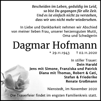 Traueranzeige von Dagmar Hofmann von Mitteldeutsche Zeitung Sangerhausen