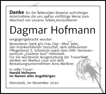 Traueranzeige von Dagmar Hofmann von Super Sonntag Sangerhausen