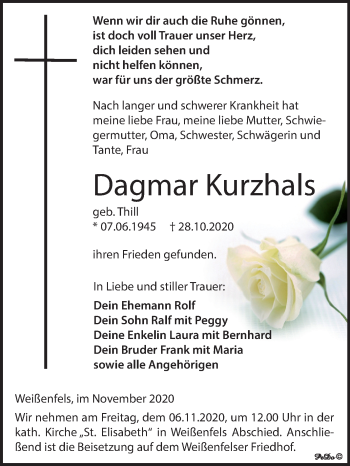 Traueranzeige von Dagmar Kurzhals von Wochenspiegel Weißenfels